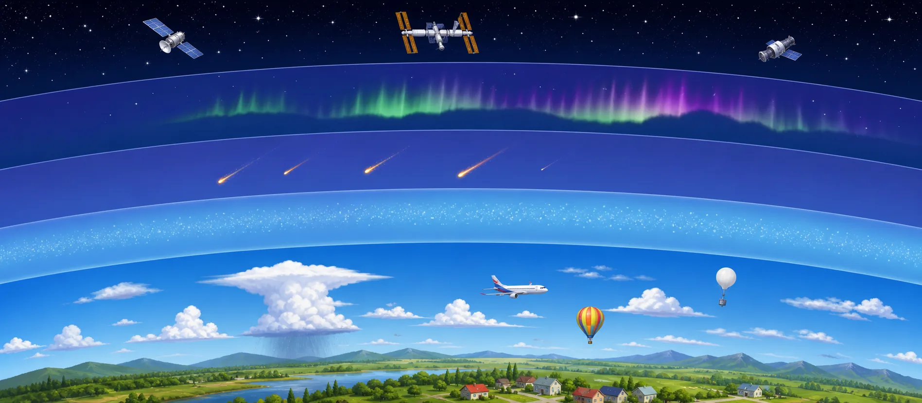 A child-friendly cross-section of Earth's atmosphere from hills and clouds up to meteors, auroras and satellites.
