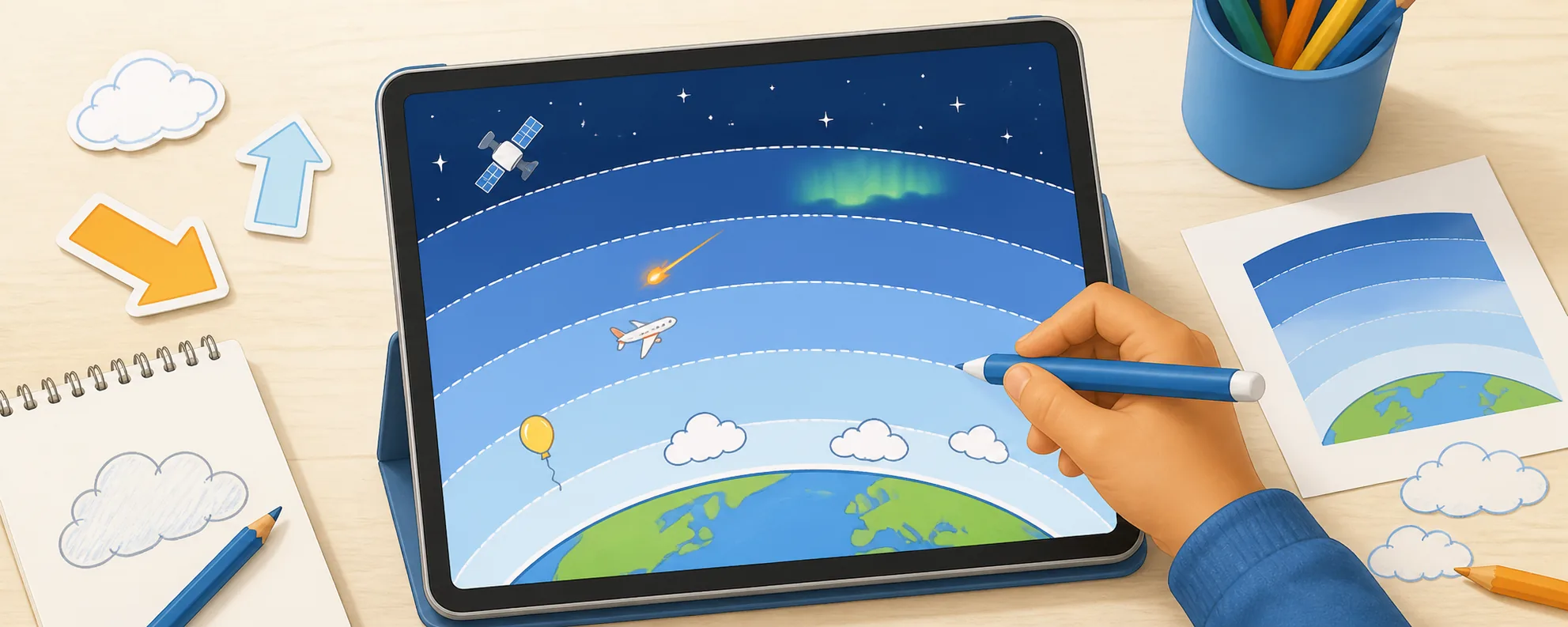 A tablet and workbook set up for drawing the atmosphere layers with a stylus and pencils.