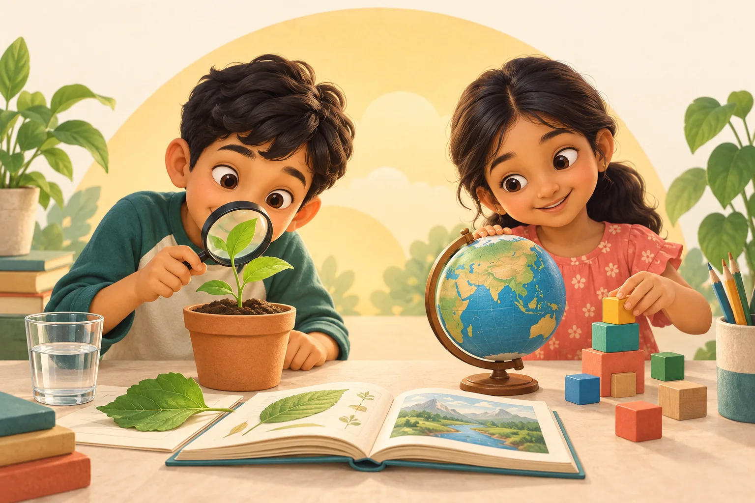Two young learners explore a seedling, a globe, counting blocks, and an open book together.