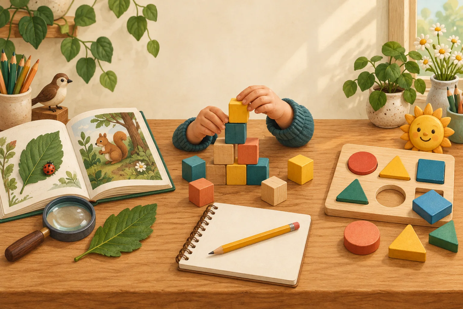 An illustrated book, counting blocks, and a shape puzzle show three ways to explore an idea.