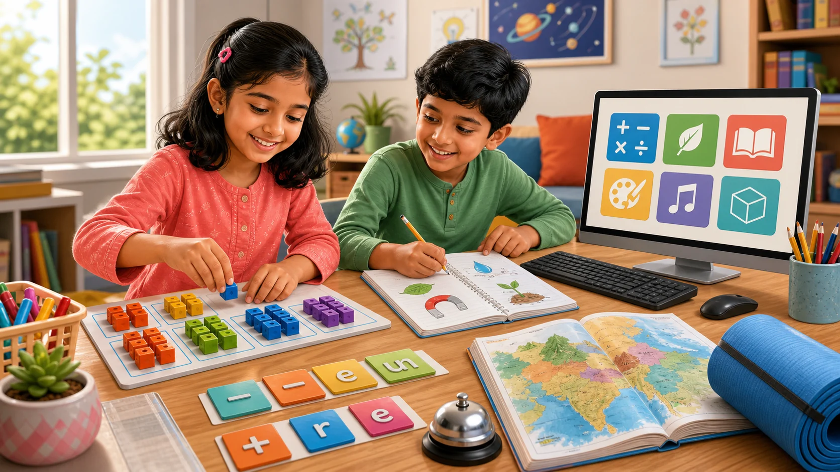 Two Grade 3 learners using blocks, a computer, word tiles, a science notebook, an atlas, and an exercise mat