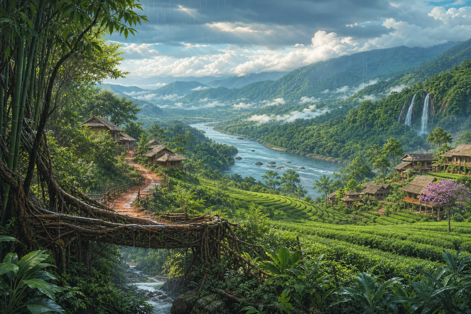 Tea gardens, rivers, hills, and rain forests of eastern and northeastern India