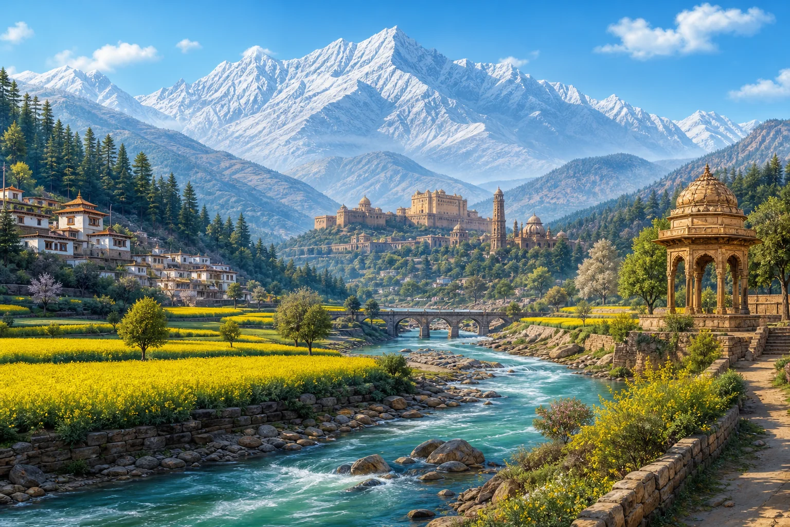 Mountains, river valleys, and fields of northern India
