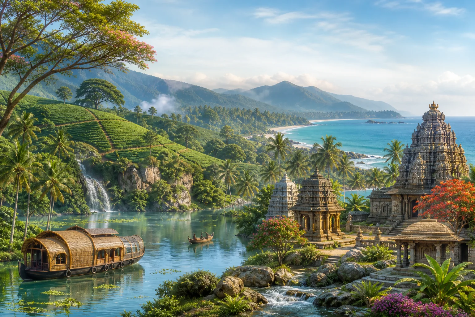 Backwaters, green hills, coast, and temple architecture of southern India