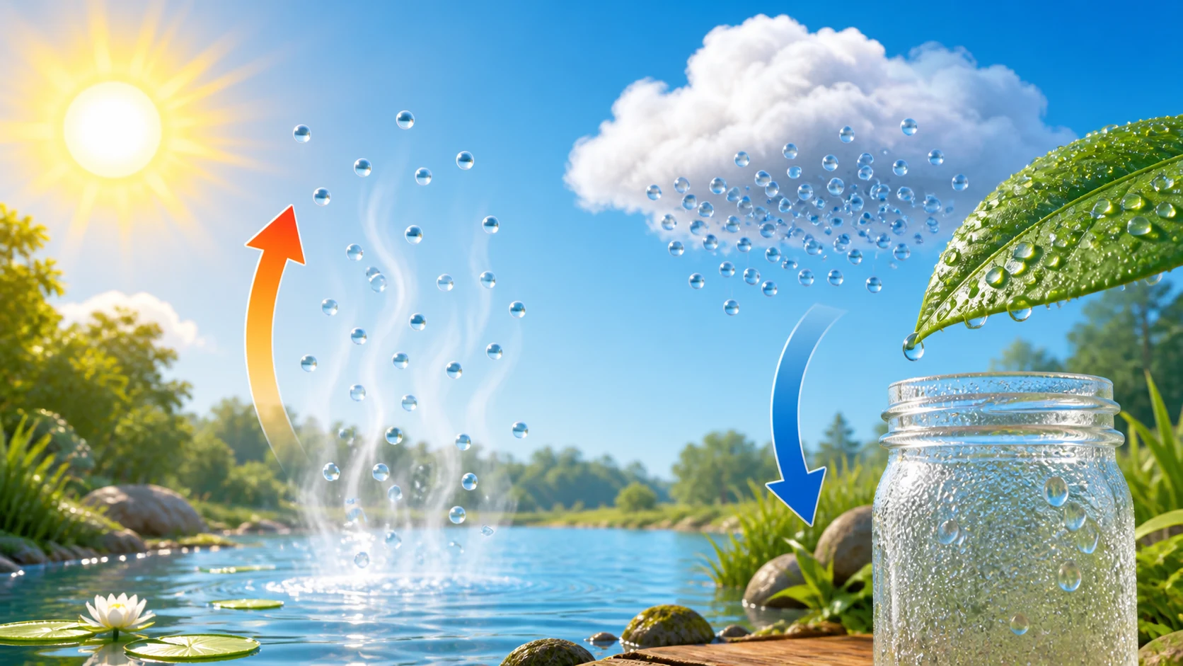 Water warmed by the Sun rises as vapour, forms a cloud, then returns as droplets beside a cool glass.
